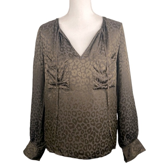 BCBGMaxAzria Cocoa Brown Silk Blend Leopard V-Neck Long Sleeve Top Size Small - Picture 1 of 9